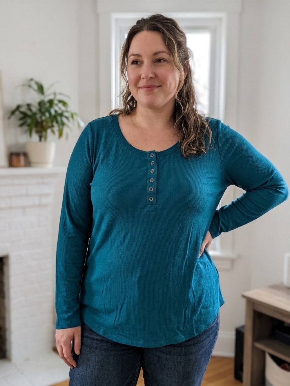 Love & Legend Women's Ribbed Teal Long-Sleeve Henley Top